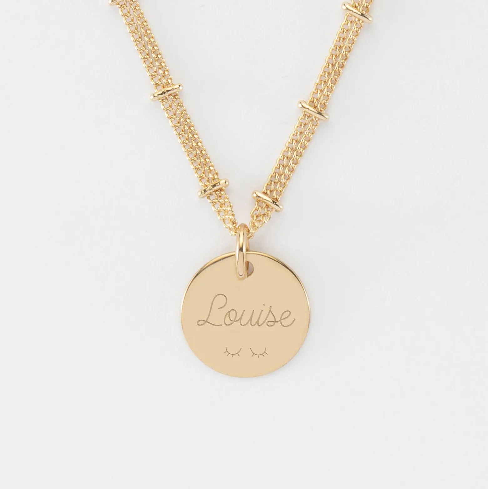 Collier chaîne double personnalisé médaille gravée plaqué or coeur estampillé 15 mm - HappyBulle x Atelier Wagram