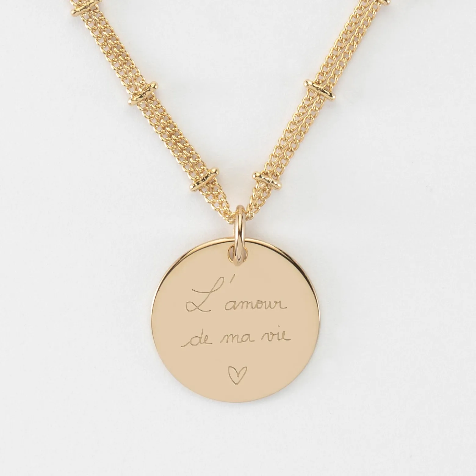 Collier chaîne double personnalisé médaille gravée plaqué or 19 mm