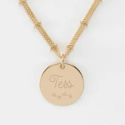 Collier chaîne double personnalisé médaille gravée plaqué or 19 mm