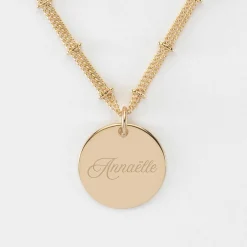 Collier chaîne double personnalisé médaille gravée plaqué or 19 mm