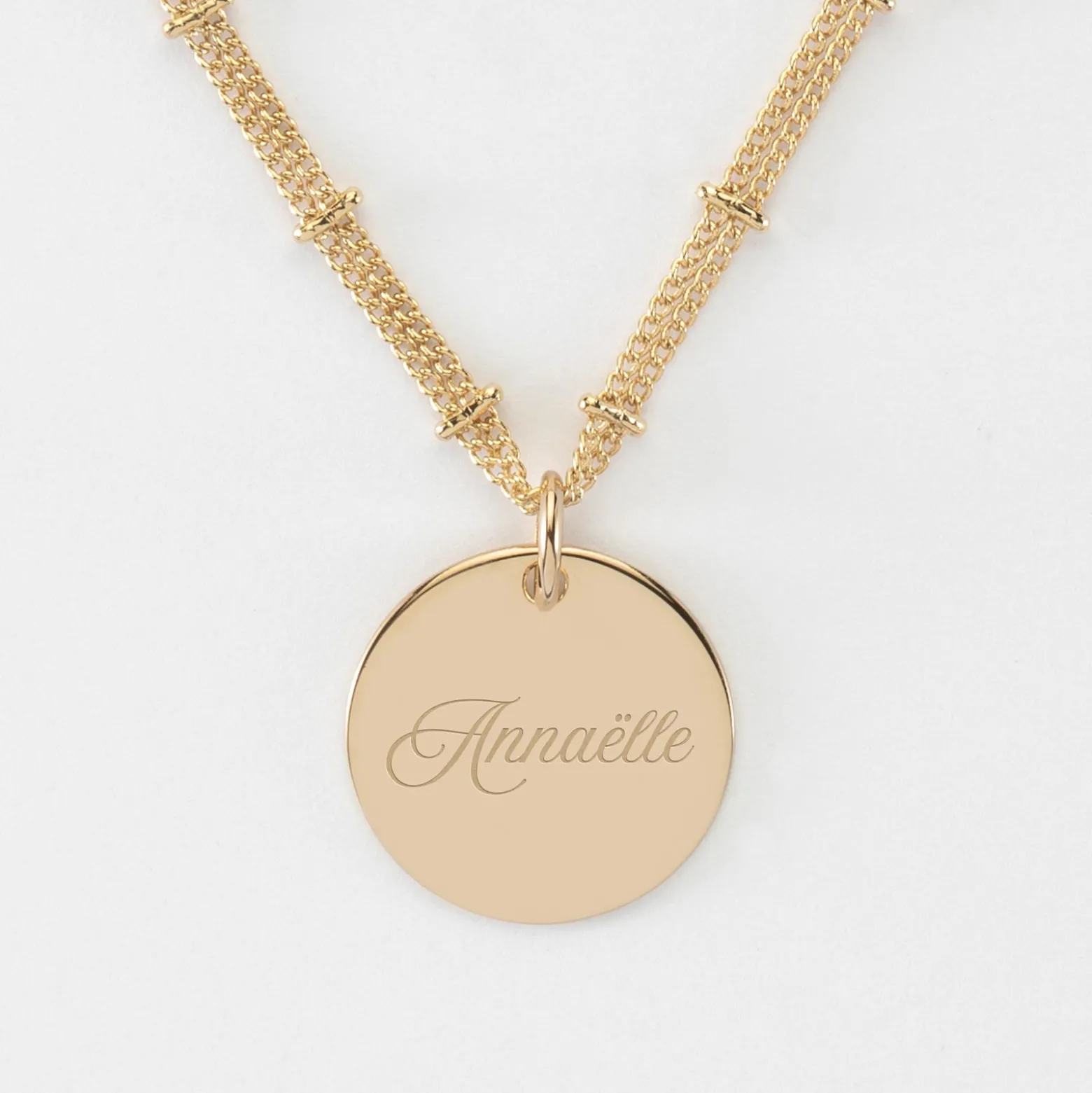 Collier chaîne double personnalisé médaille gravée plaqué or 19 mm