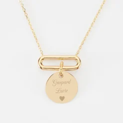 Collier chaîne ovale ouvert personnalisé médaille gravée plaqué or 15 mm