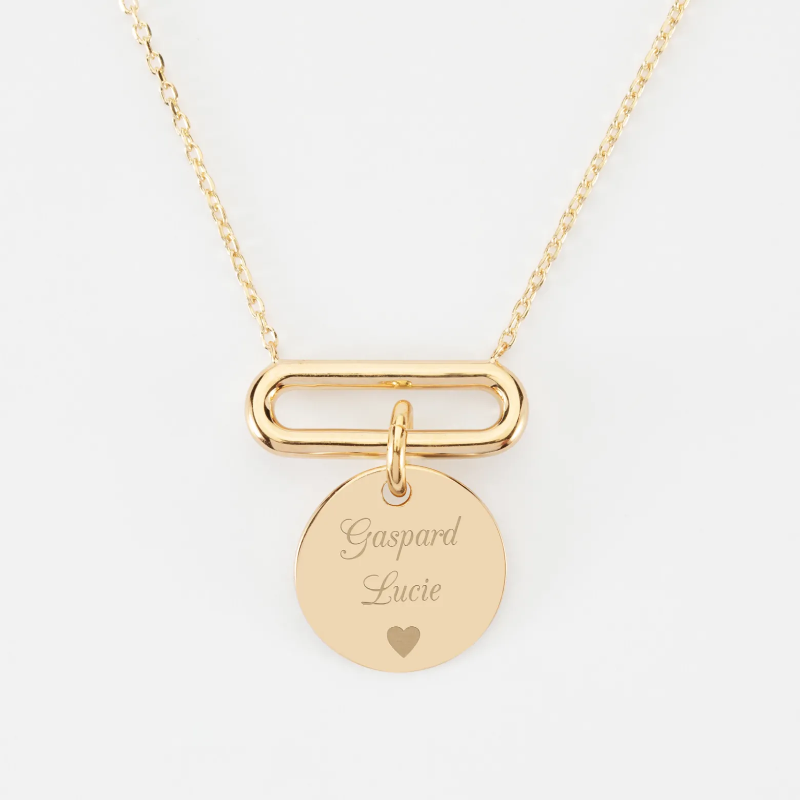 Collier chaîne ovale ouvert personnalisé médaille gravée plaqué or 15 mm
