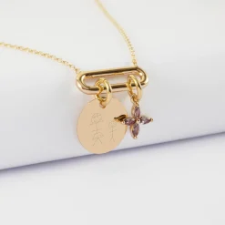 Collier chaîne ovale ouvert personnalisé médaille gravée plaqué or 15 mm et breloque fleur pétales 10 mm