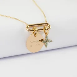 Collier chaîne ovale ouvert personnalisé médaille gravée plaqué or 15 mm et breloque fleur pétales 10 mm