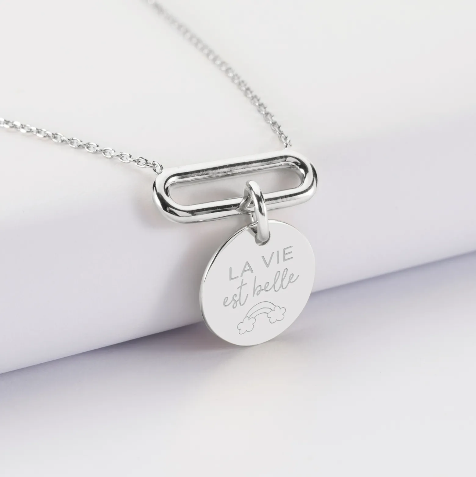Collier chaîne ovale ouvert personnalisé médaille gravée argent 15 mm