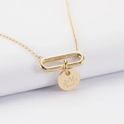 Collier chaîne ovale ouvert personnalisé médaille gravée plaqué or 10 mm