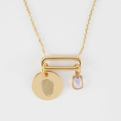 Collier chaîne ovale ouvert personnalisé médaille gravée plaqué or 15 mm et breloque rectangle zircon plaqué or 9 mm