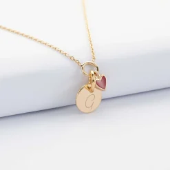Collier coeur émail rouge personnalisé médaille plaqué or 10 mm