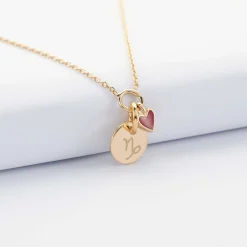 Collier coeur émail rouge personnalisé médaille plaqué or 10 mm