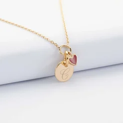 Collier coeur émail rouge personnalisé médaille plaqué or 10 mm