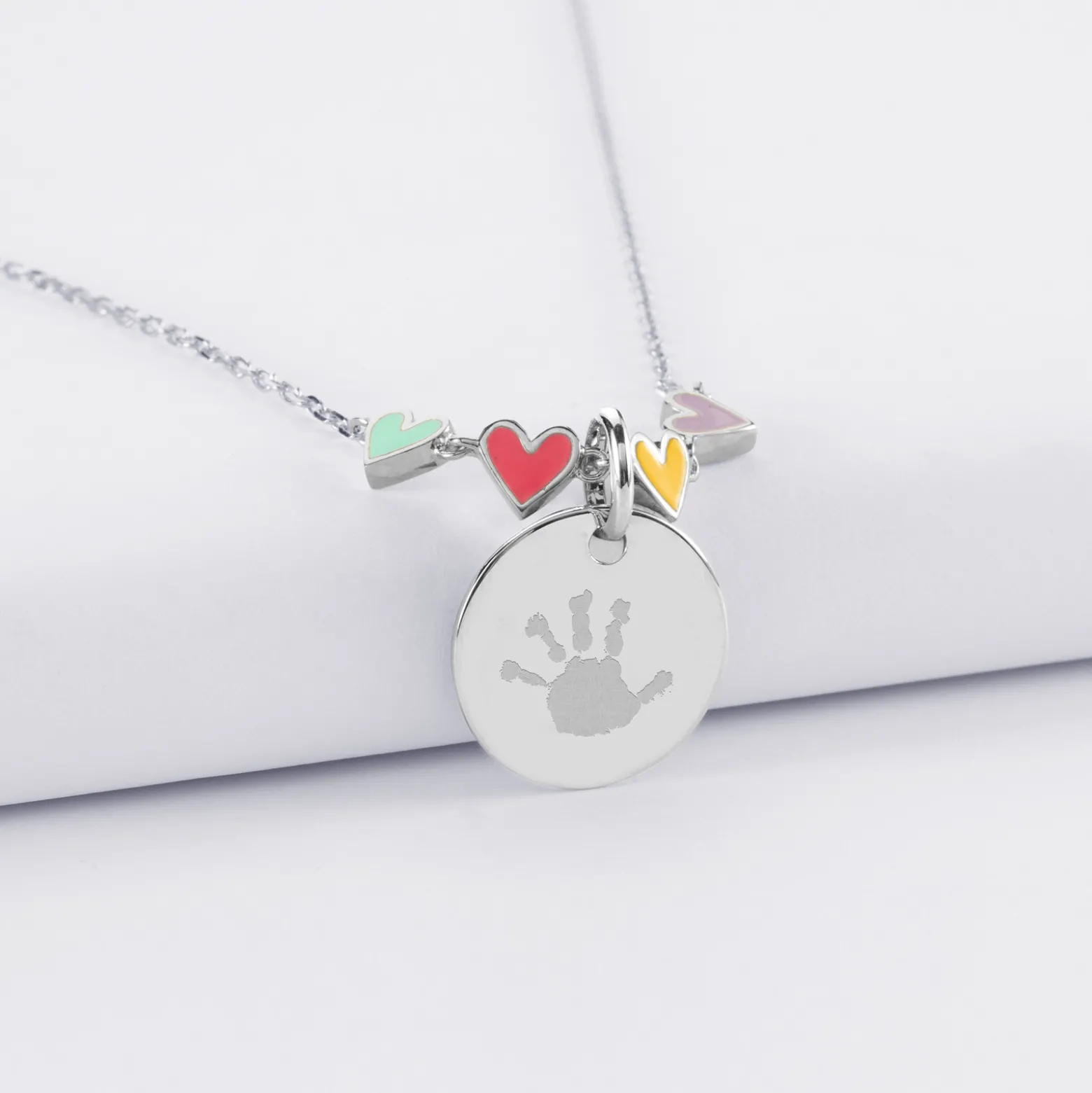 Collier enfant cœur email multicolore personnalisé médaille gravée argent 15 mm