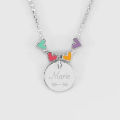 Collier enfant cœur email multicolore personnalisé médaille gravée argent 15 mm