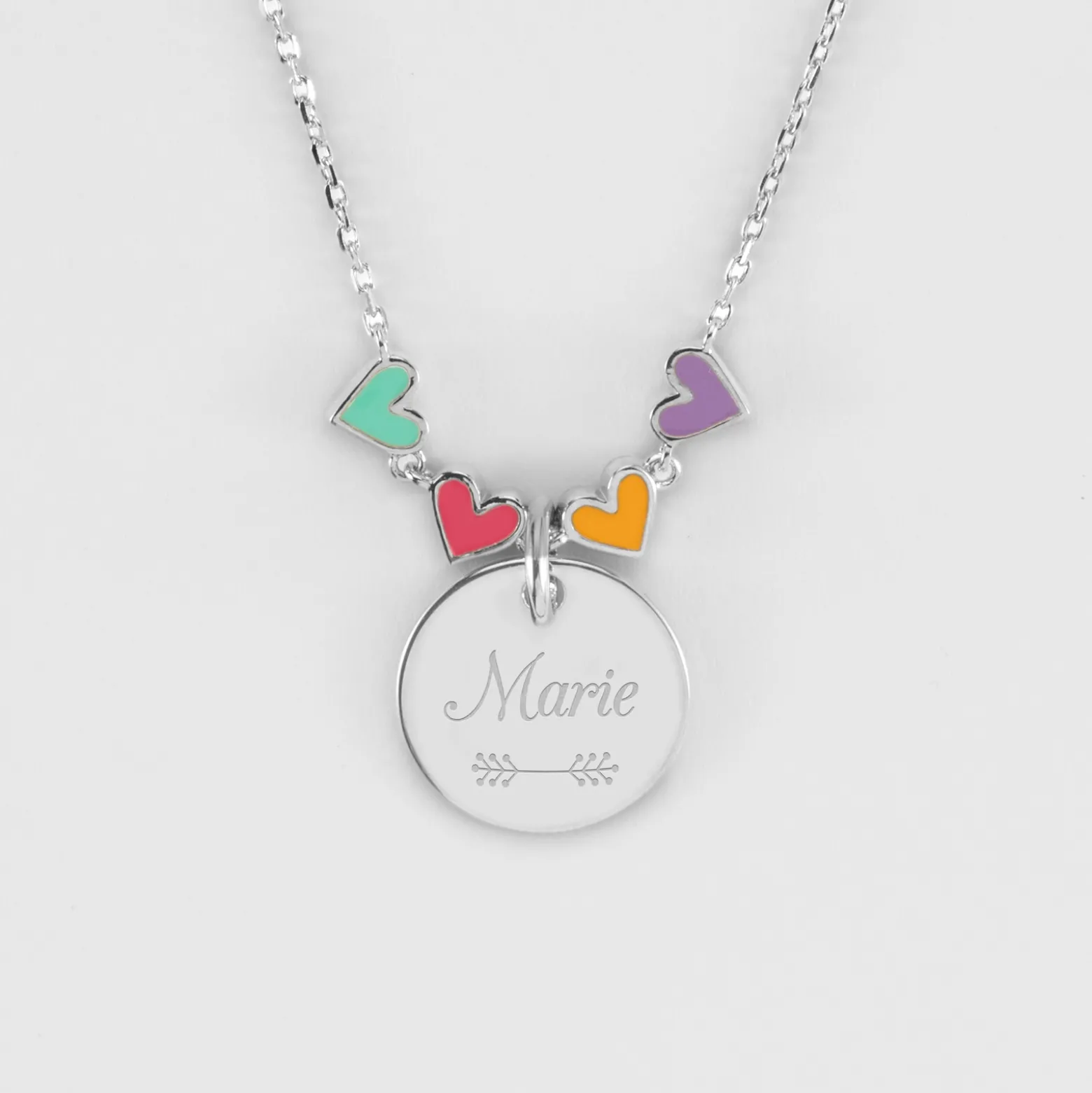 Collier enfant cœur email multicolore personnalisé médaille gravée argent 15 mm