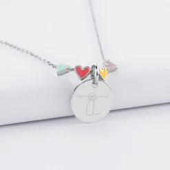 Collier enfant cœur email multicolore personnalisé médaille gravée argent 15 mm