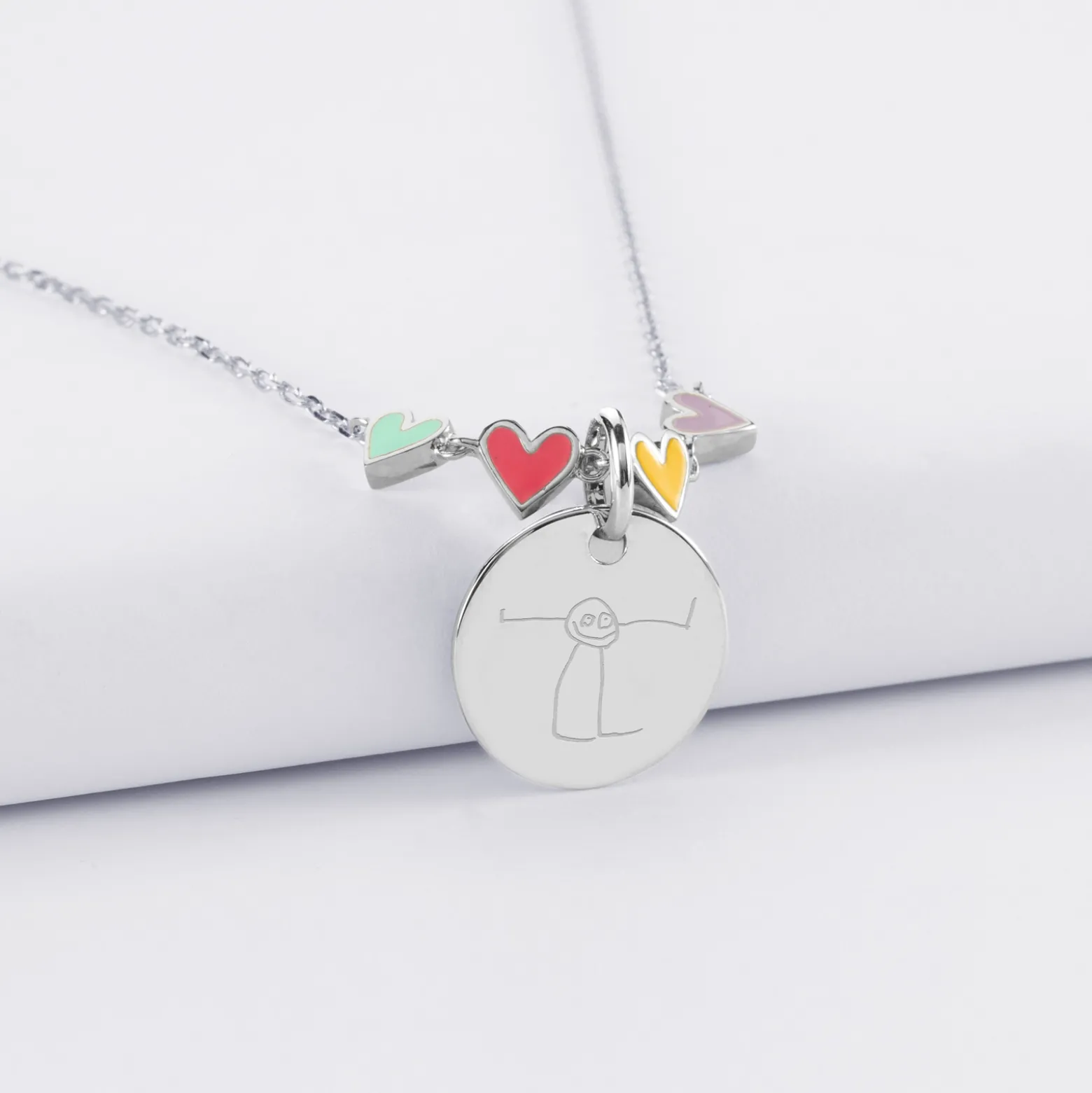 Collier enfant cœur email multicolore personnalisé médaille gravée argent 15 mm