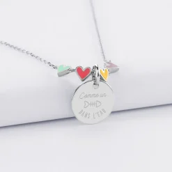 Collier enfant cœur email multicolore personnalisé médaille gravée argent 15 mm