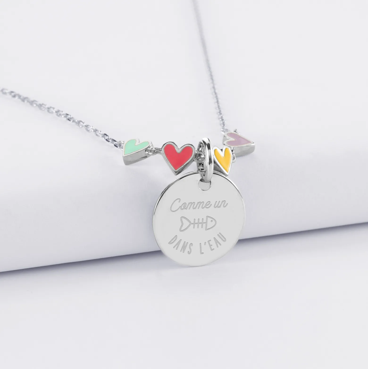 Collier enfant cœur email multicolore personnalisé médaille gravée argent 15 mm