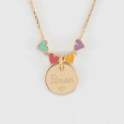 Collier enfant cœur email multicolore personnalisé médaille gravée plaqué or 15 mm
