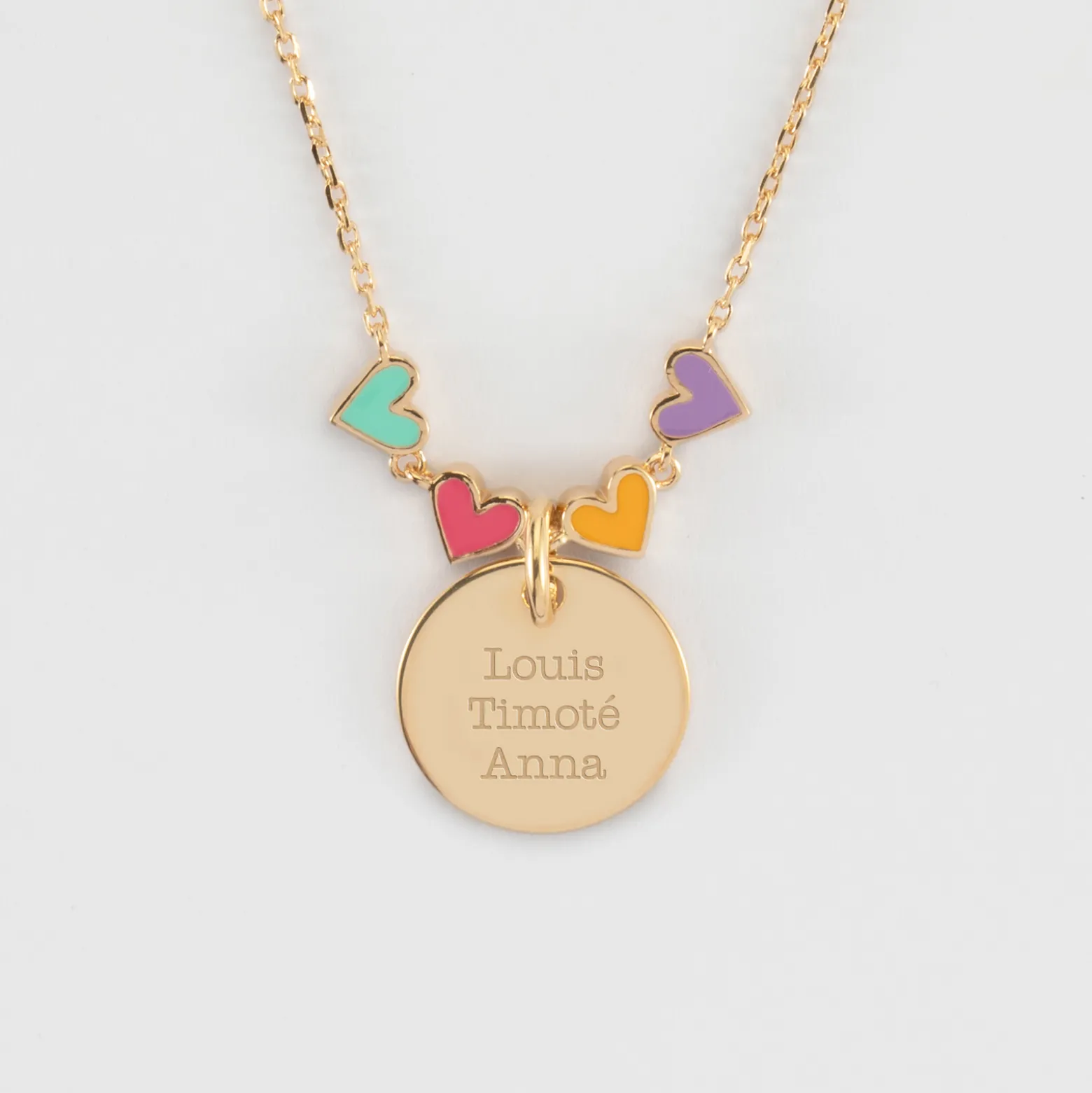 Collier enfant cœur email multicolore personnalisé médaille gravée plaqué or 15 mm