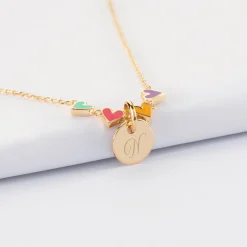 Collier enfant cœur email multicolore personnalisé médaille gravée plaqué or 10 mm