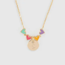 Collier enfant cœur email multicolore personnalisé médaille gravée plaqué or 10 mm