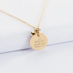 Collier mini coeur bombé Mariée personnalisé médaille gravée plaqué or 15 mm