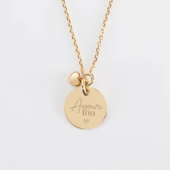 Collier mini coeur bombé Mariée personnalisé médaille gravée plaqué or 15 mm