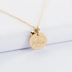 Collier mini coeur bombé Mariée personnalisé médaille gravée plaqué or 15 mm