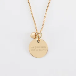 Collier mini coeur bombé Mariée personnalisé médaille gravée plaqué or 15 mm