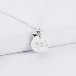 Collier mini coeur bombé Mariée personnalisé médaille gravée argent 15 mm
