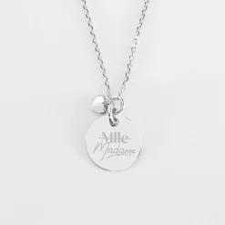 Collier mini coeur bombé Mariée personnalisé médaille gravée argent 15 mm