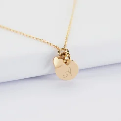 Collier mini coeur bombé personnalisé médaille gravée plaqué or 10 mm
