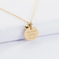 Collier mini coeur bombé personnalisé médaille gravée plaqué or 15 mm