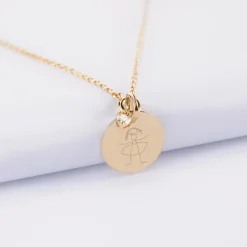 Collier mini coeur scintillant personnalisé médaille gravée plaqué or 15 mm