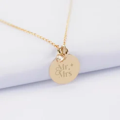 Collier mini coeur scintillant Mariée personnalisé médaille gravée plaqué or 15 mm
