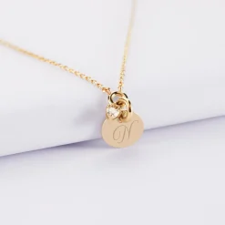 Collier mini coeur scintillant personnalisé médaille gravée plaqué or 10 mm