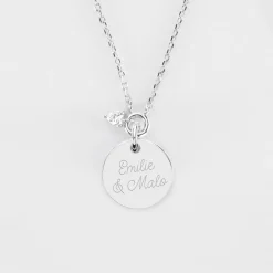 Collier mini coeur scintillant personnalisé médaille gravée argent 15 mm
