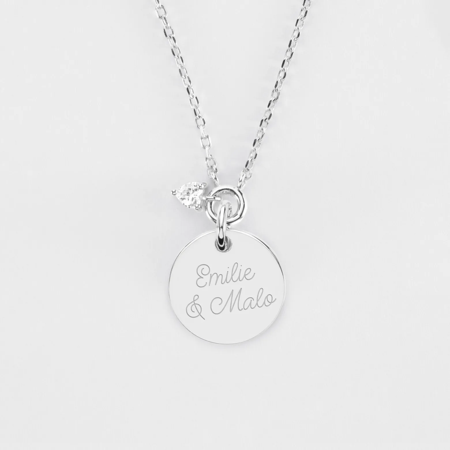 Collier mini coeur scintillant personnalisé médaille gravée argent 15 mm