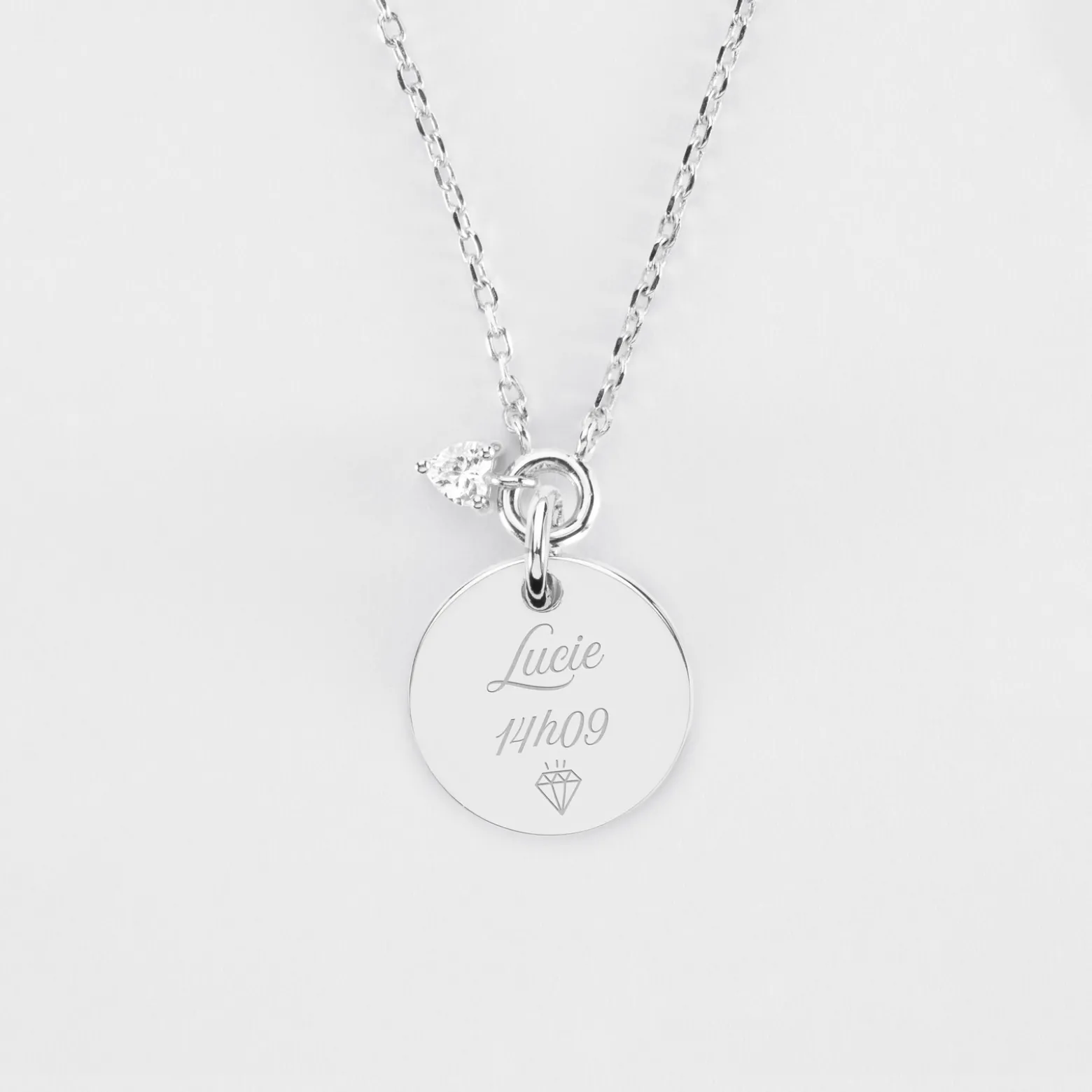 Collier mini coeur scintillant personnalisé médaille gravée argent 15 mm