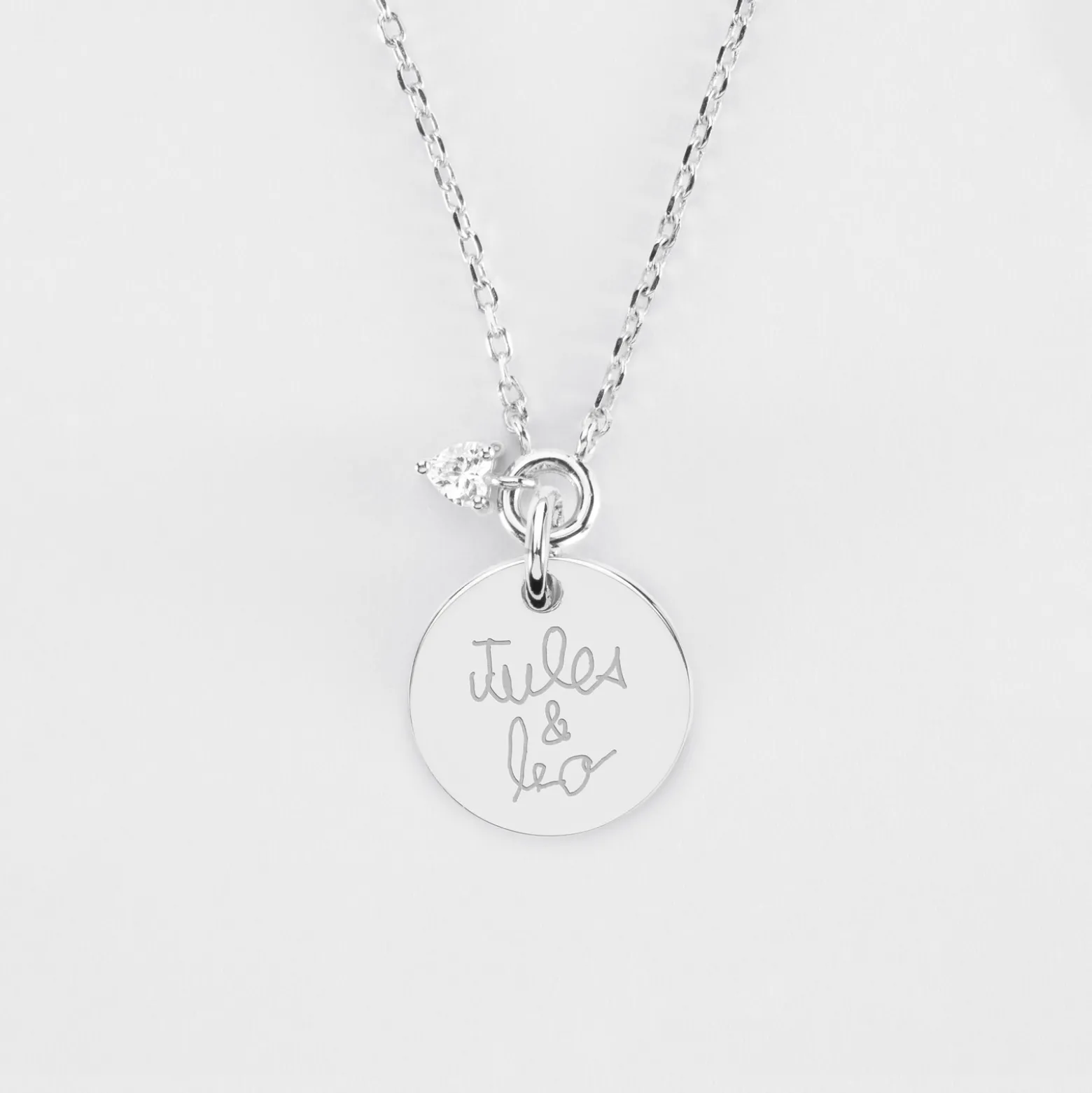 Collier mini coeur scintillant personnalisé médaille gravée argent 15 mm