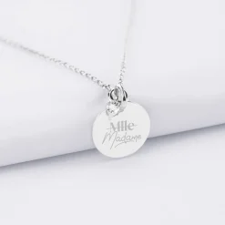 Collier mini coeur scintillant Mariée personnalisé médaille gravée argent 15 mm