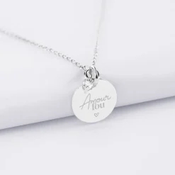 Collier mini coeur scintillant Mariée personnalisé médaille gravée argent 15 mm