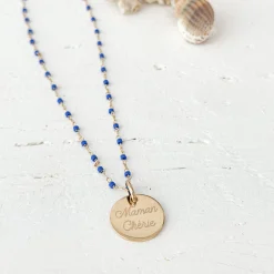Collier perles Miyuki colorées personnalisé médaille gravée plaqué or 15 mm