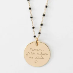 Collier perles Miyuki colorées personnalisé médaille gravée plaqué or 19 mm