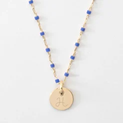 Collier perles Miyuki colorées personnalisé médaille gravée plaqué or 10 mm