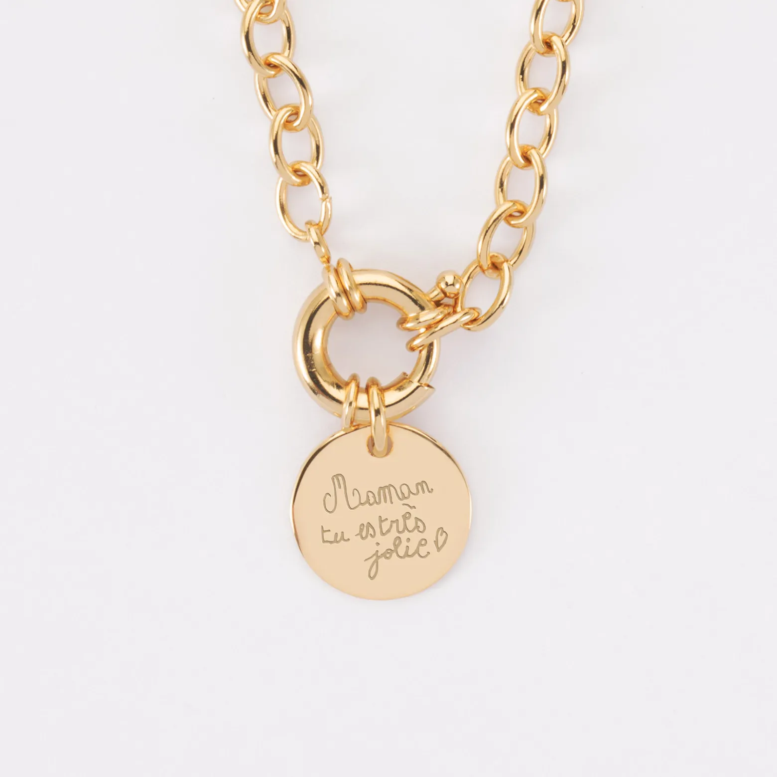 Collier personnalisé chaine fermoir marin médaille gravée plaqué or 15 mm