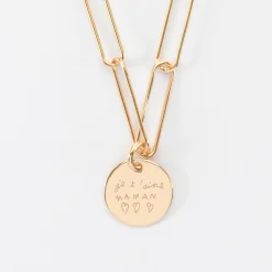 Collier personnalisé grandes mailles médaille gravée plaqué or 15 mm