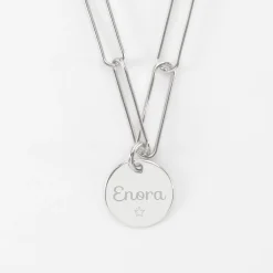 Collier personnalisé grandes mailles médaille gravée argent 15 mm