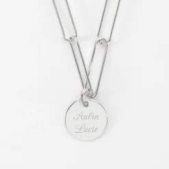 Collier personnalisé grandes mailles médaille gravée argent 15 mm